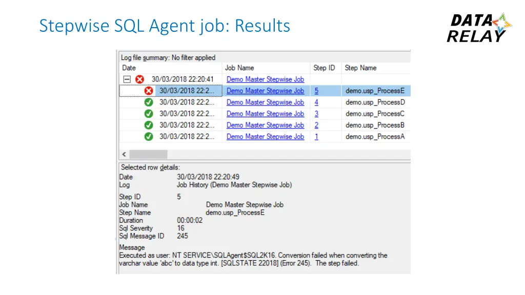 stepwise sql agent job results