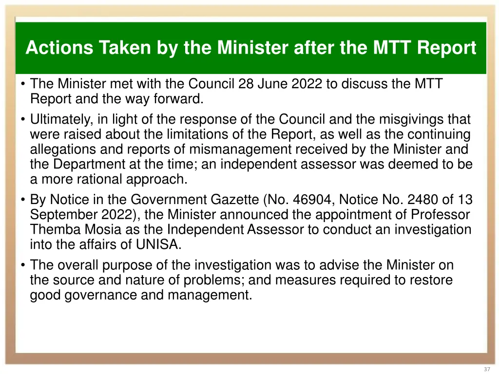 actions taken by the minister after the mtt report