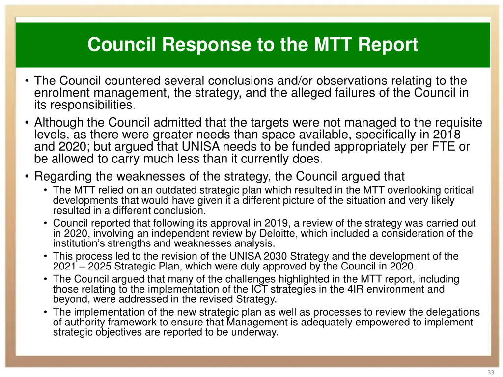 council response to the mtt report 2