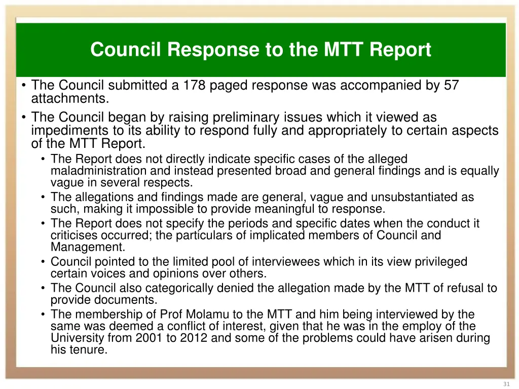 council response to the mtt report