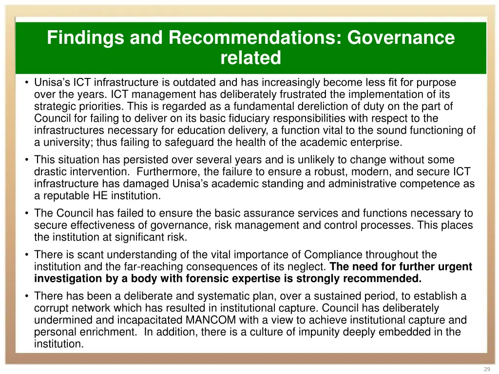 findings and recommendations governance related 1