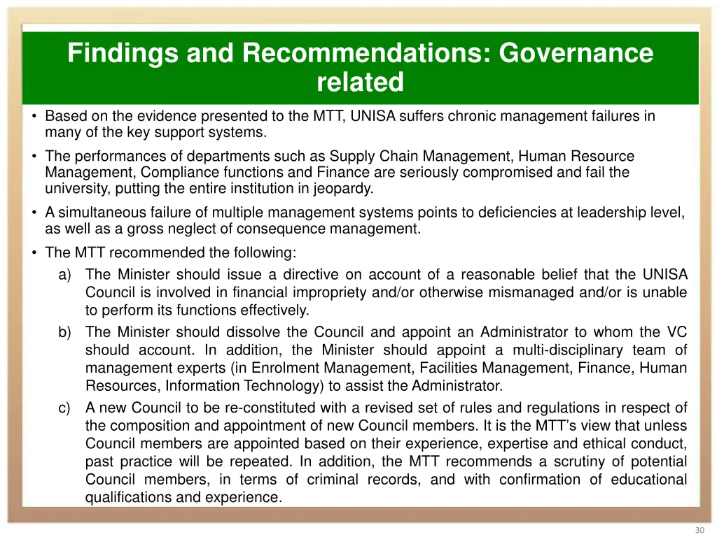 findings and recommendations governance related 2