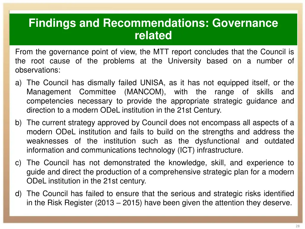 findings and recommendations governance related