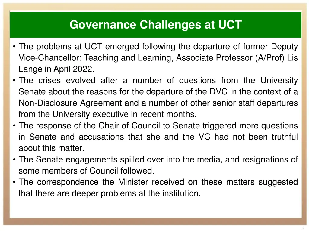 governance challenges at uct
