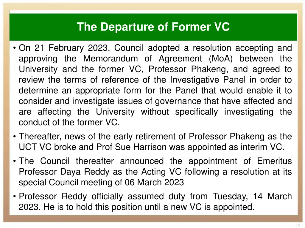 the departure of former vc