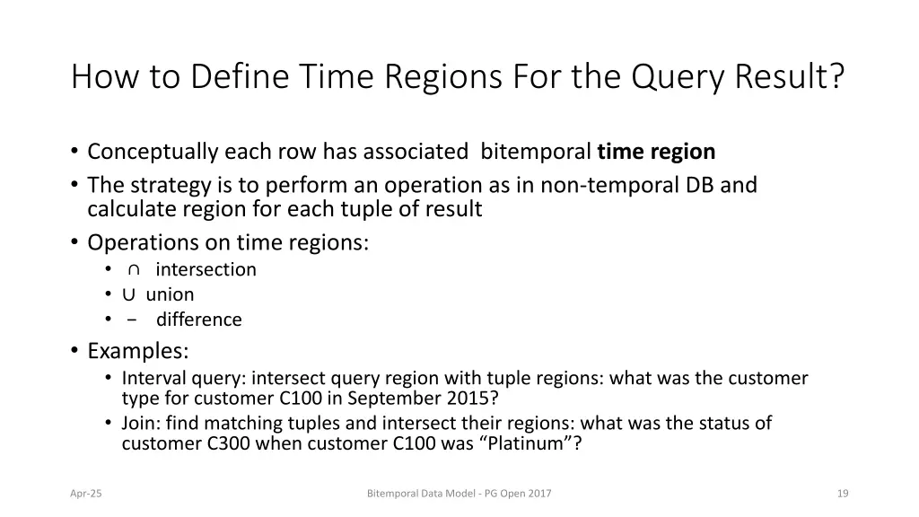 how to define time regions for the query result