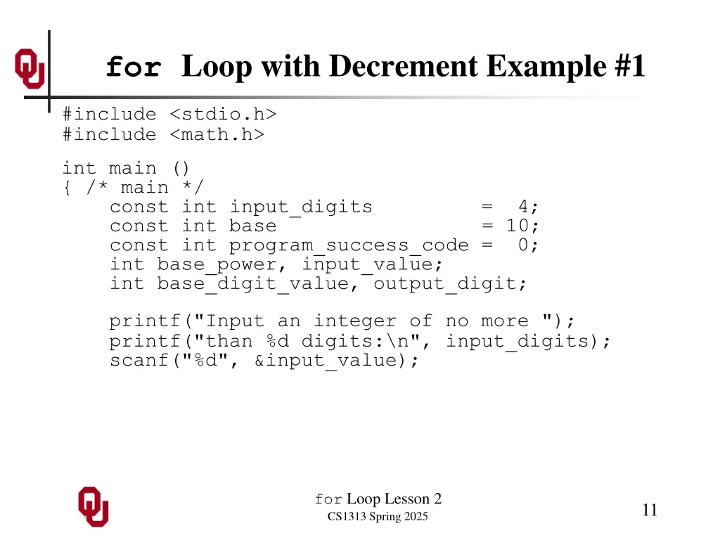 for loop with decrement example 1