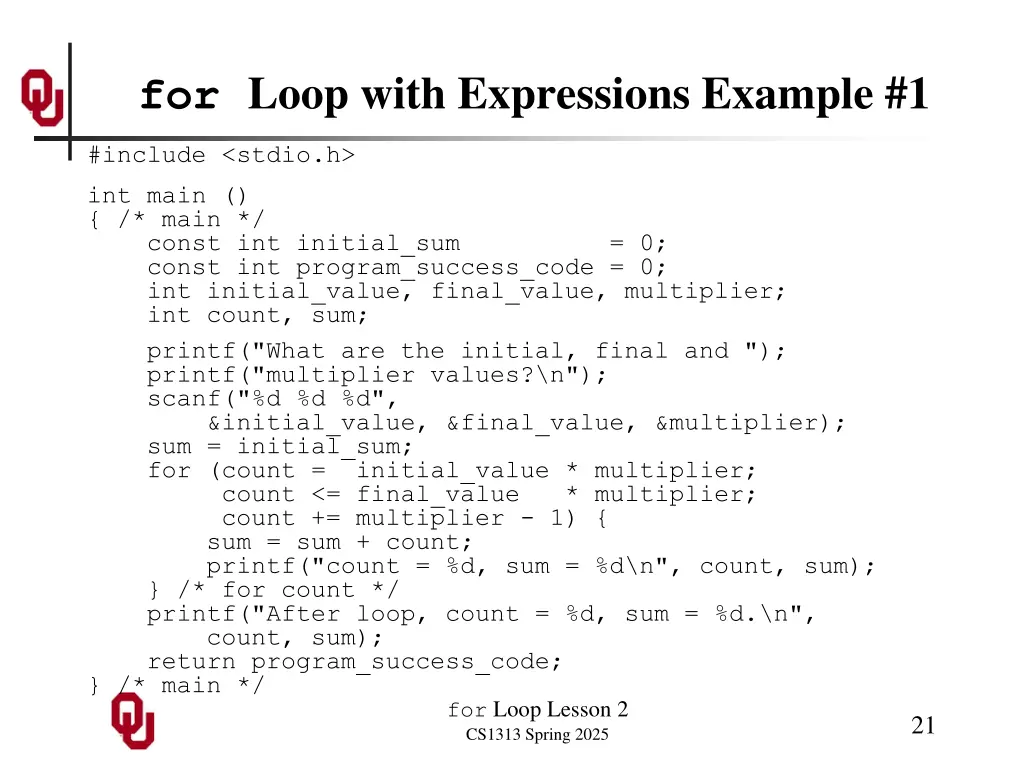 for loop with expressions example 1