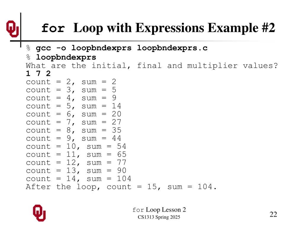 for loop with expressions example 2