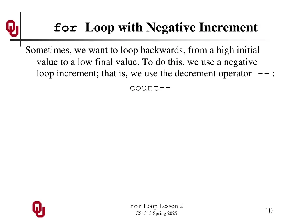 for loop with negative increment