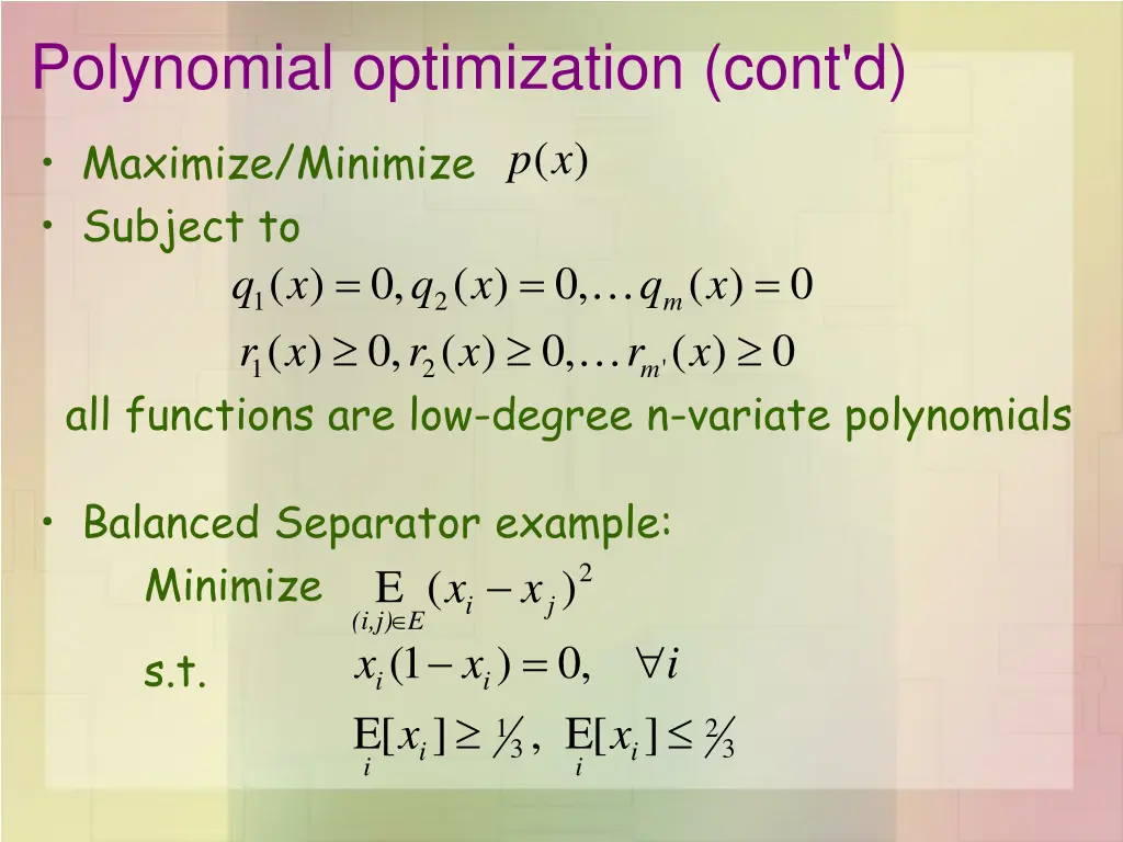 polynomial optimization cont d