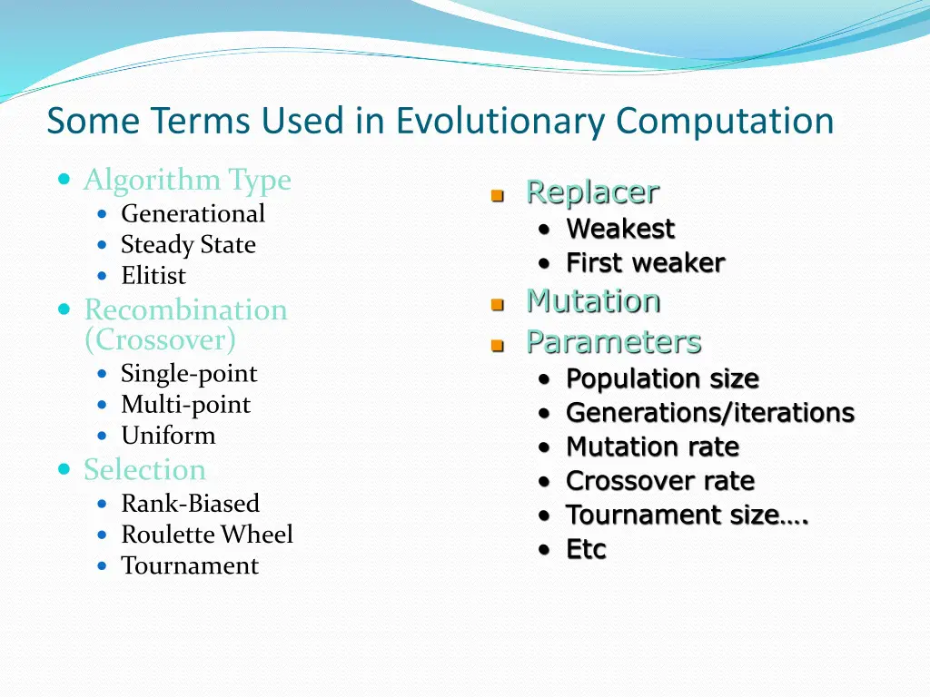 some terms used in evolutionary computation