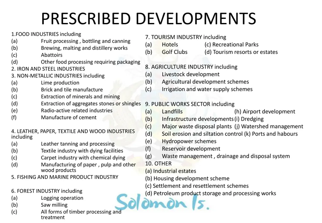 prescribed developments 1 food industries