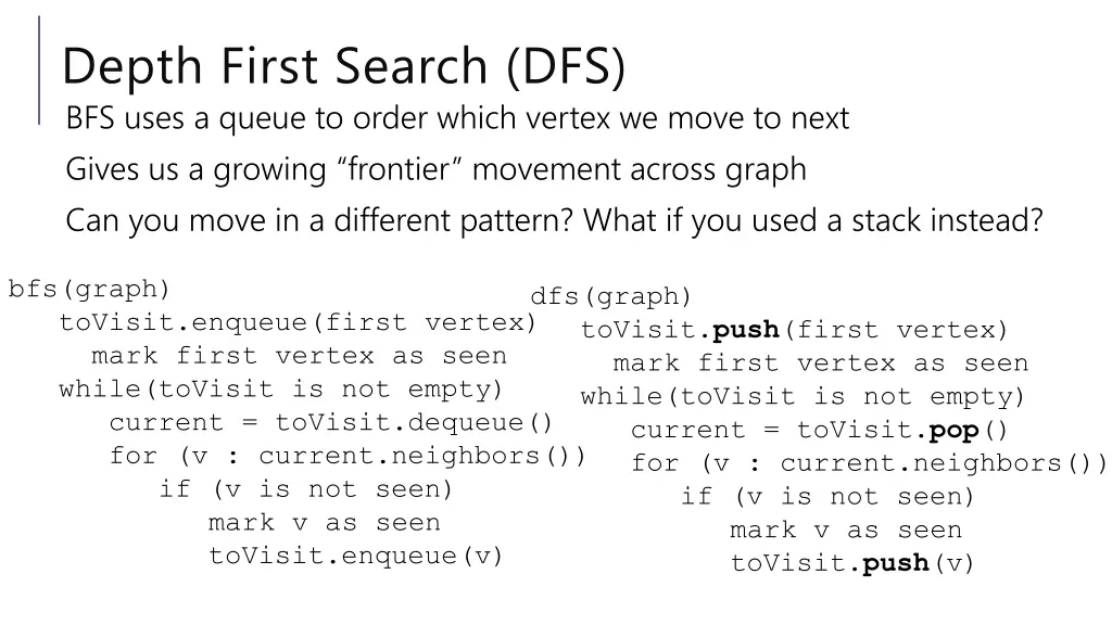 depth first search dfs bfs uses a queue to order