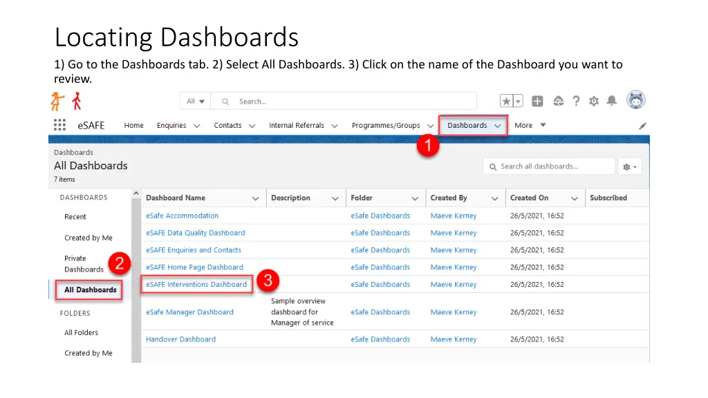locating dashboards 1 go to the dashboards