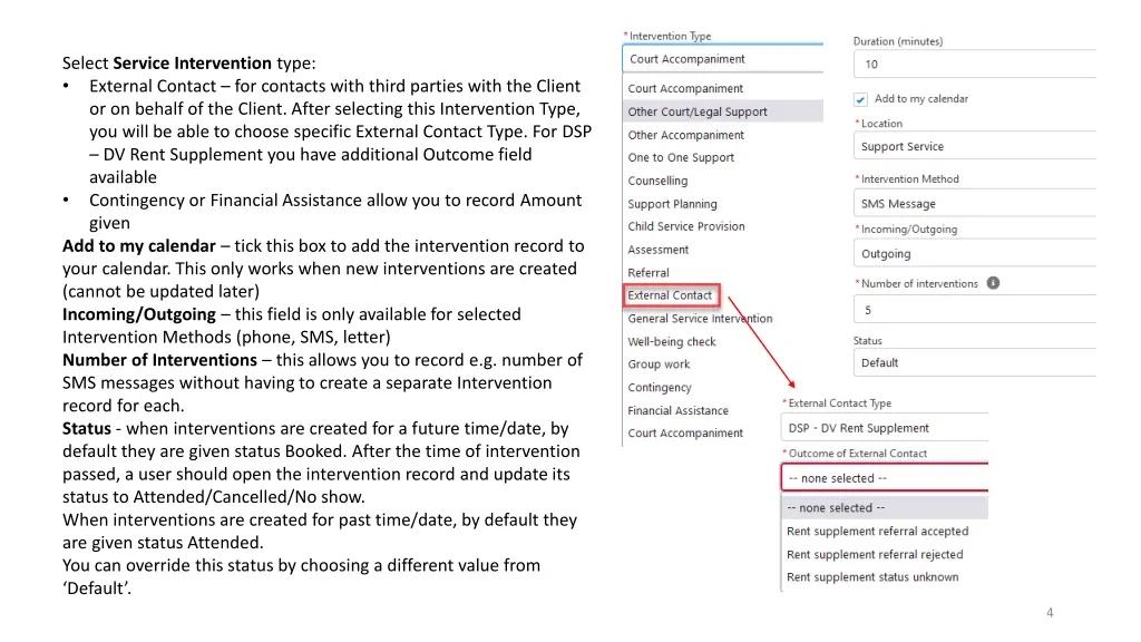 select service intervention type external contact