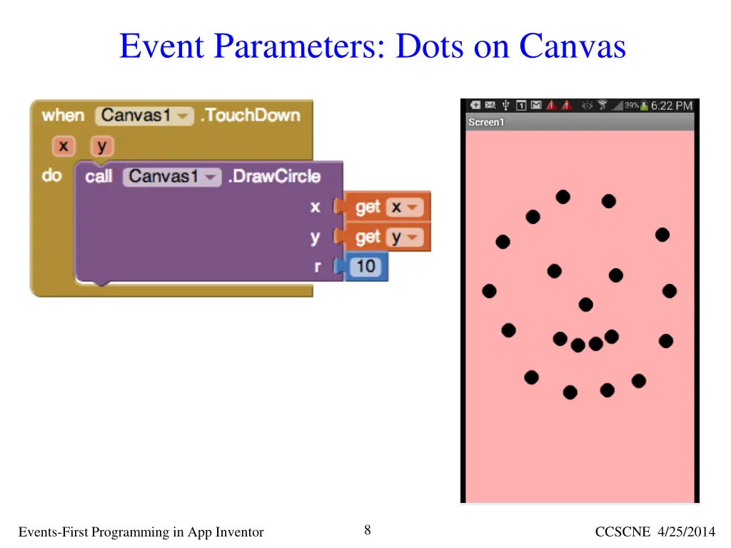 event parameters dots on canvas
