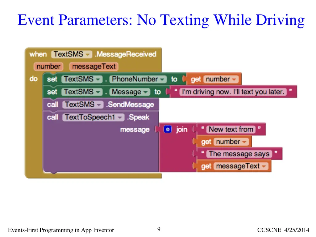 event parameters no texting while driving