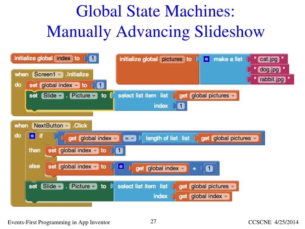 global state machines manually advancing slideshow