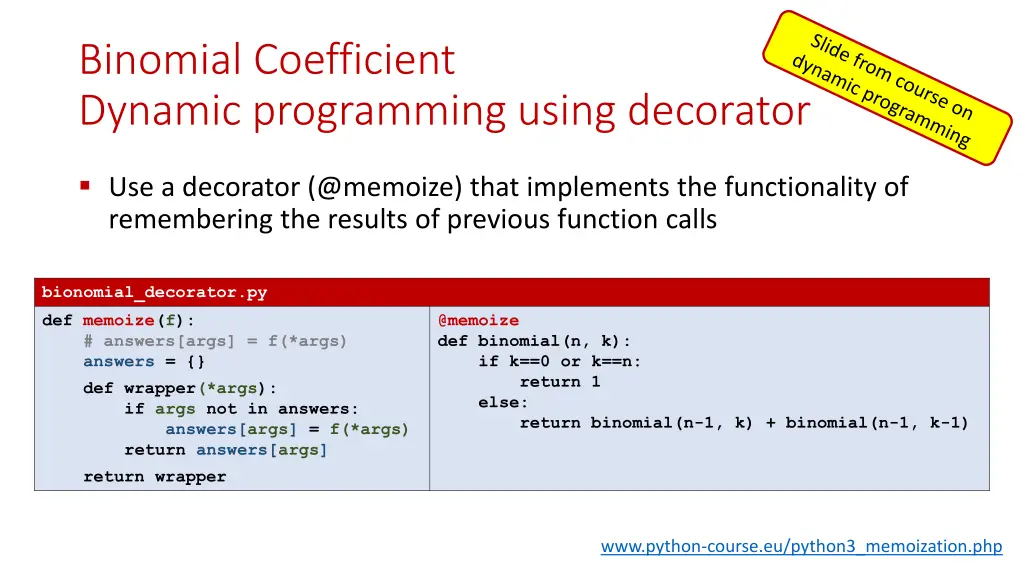 binomial coefficient dynamic programming using