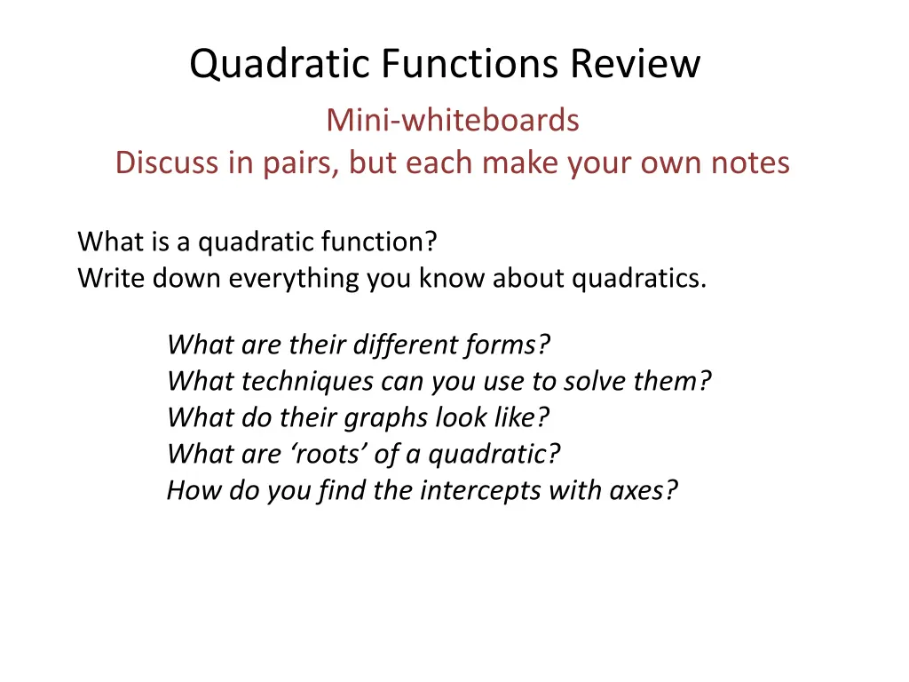 quadratic functions review mini whiteboards