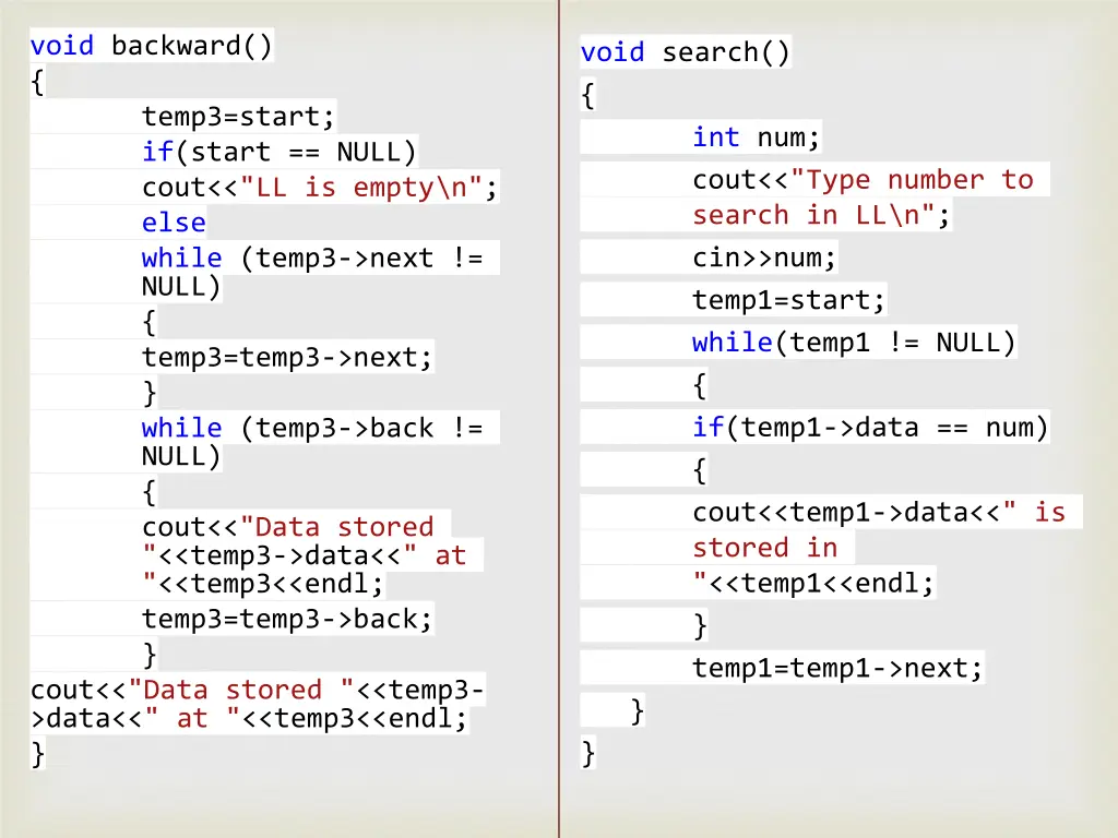 void backward temp3 start if start null cout