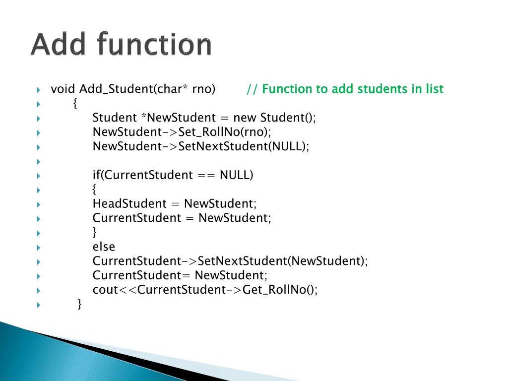 void add student char rno function