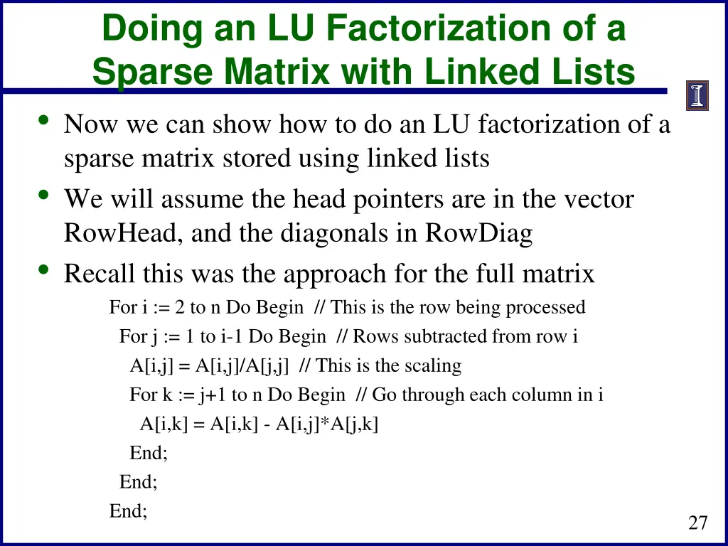 doing an lu factorization of a sparse matrix with