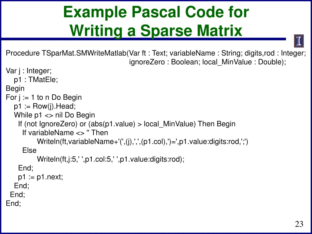 example pascal code for writing a sparse matrix