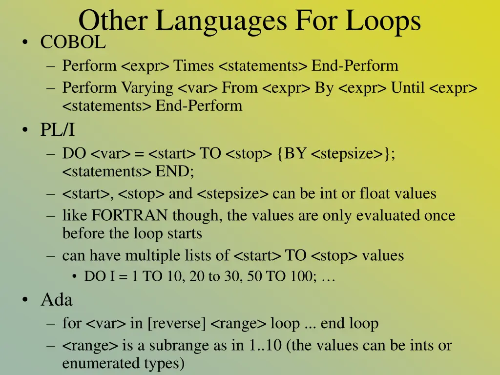 other languages for loops cobol perform expr