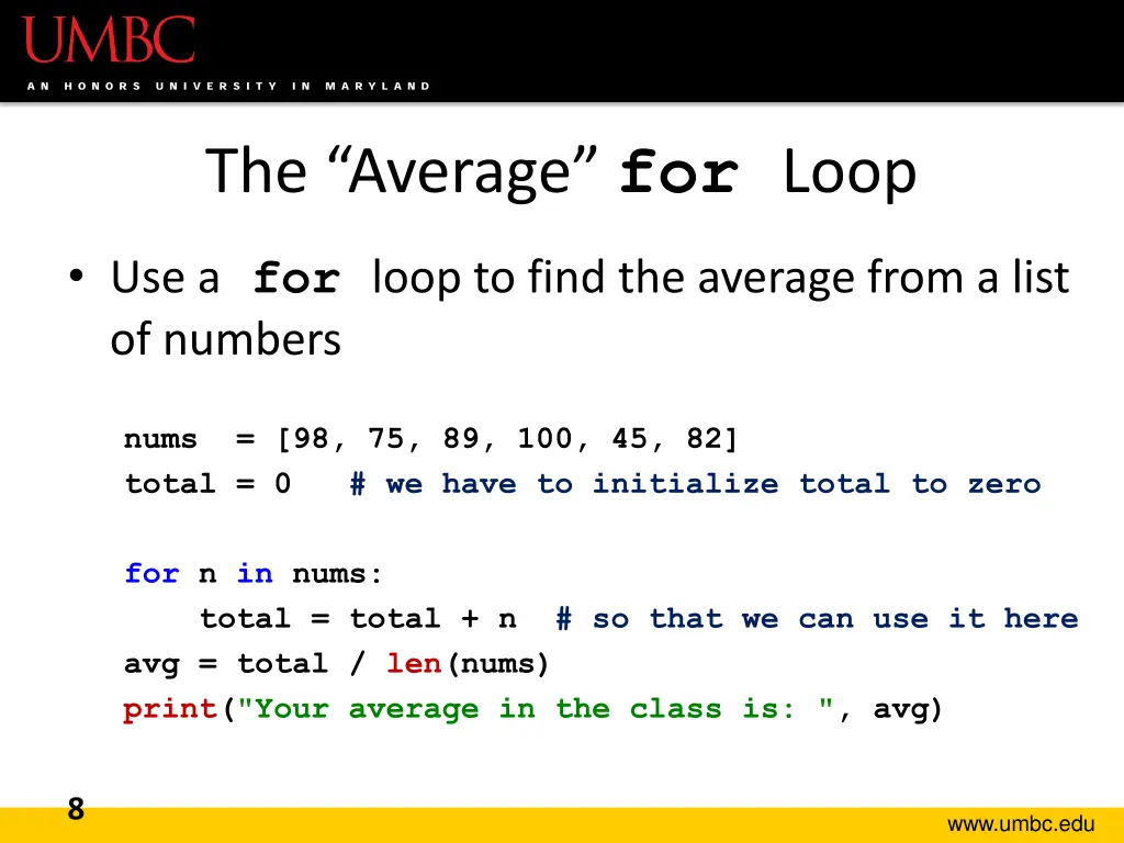 the average for loop