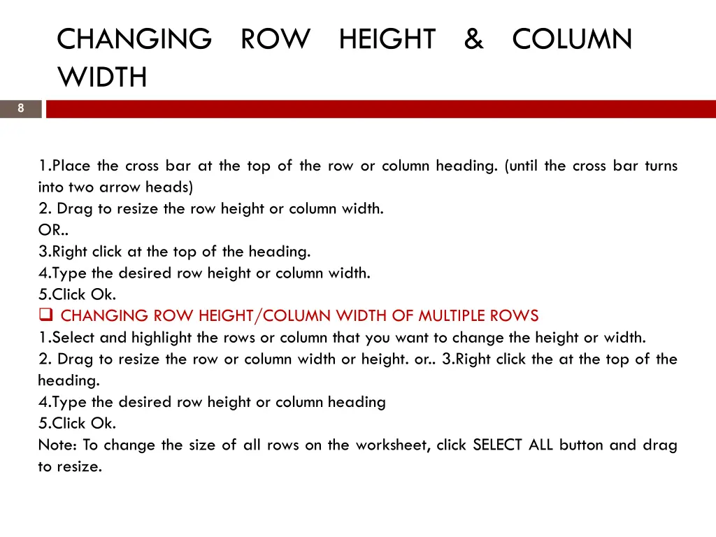 changing row height column width