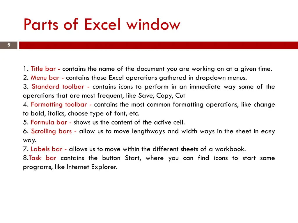 parts of excel window