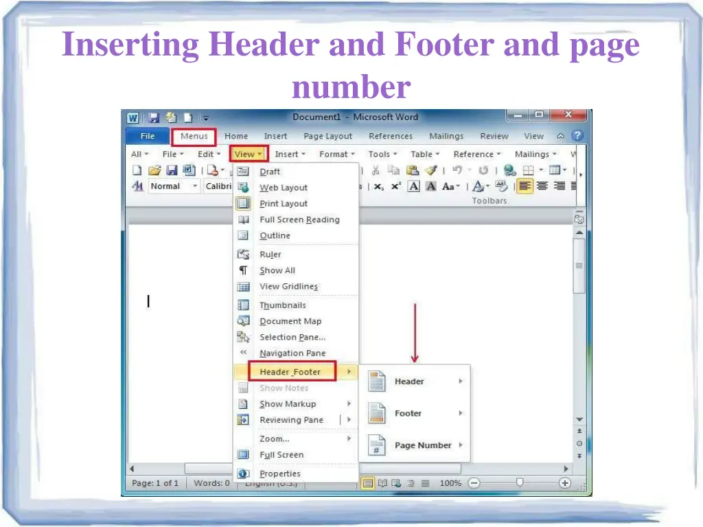 inserting header and footer and page number