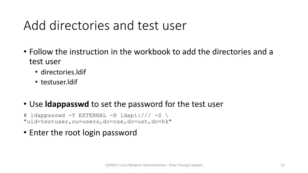add directories and test user