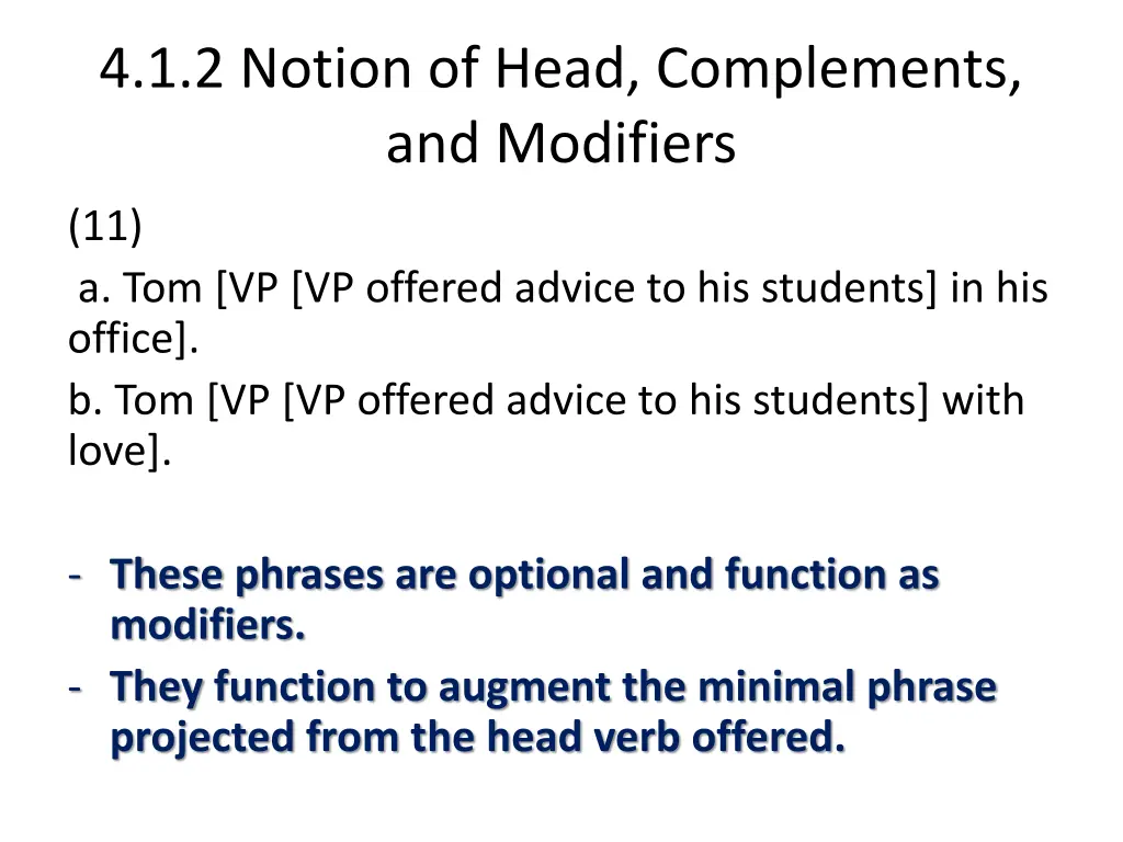 4 1 2 notion of head complements and modifiers 9