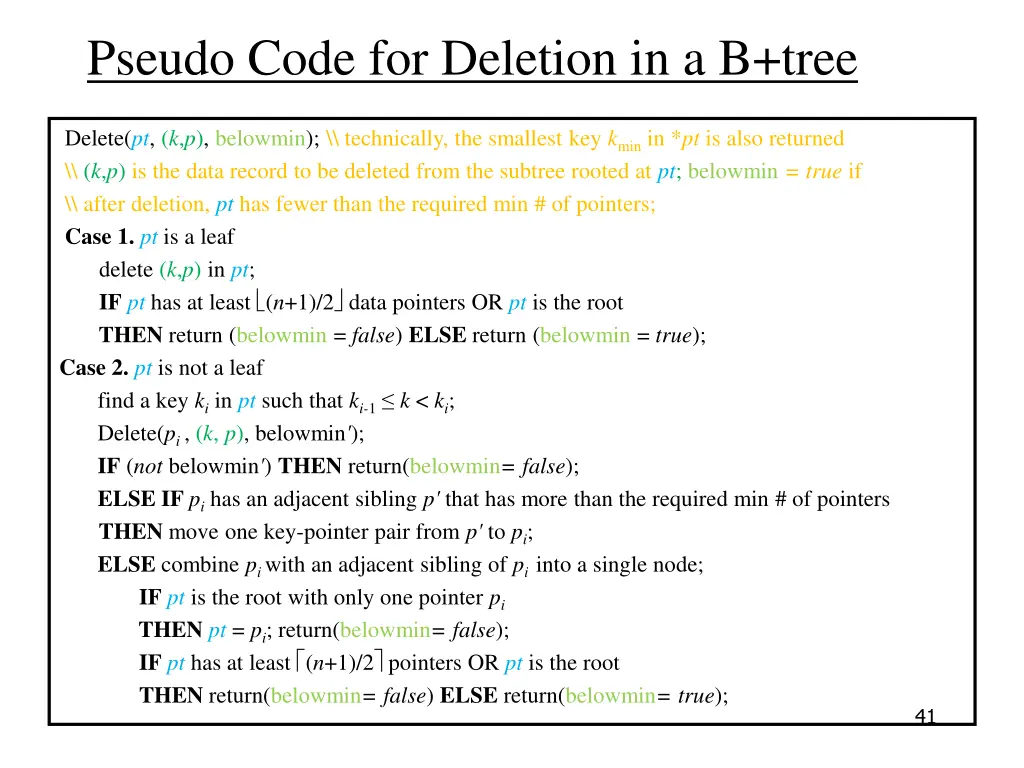 pseudo code for deletion in a b tree