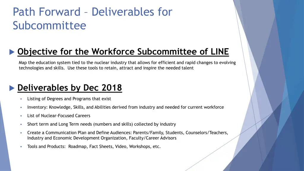 path forward deliverables for subcommittee