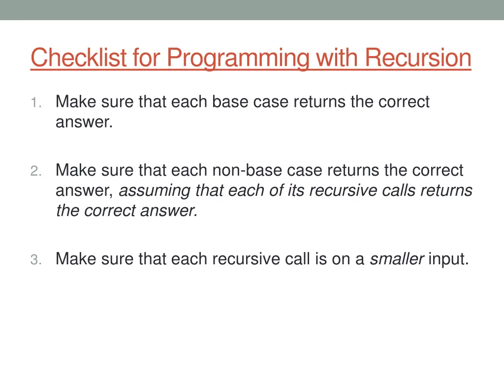 checklist for programming with recursion