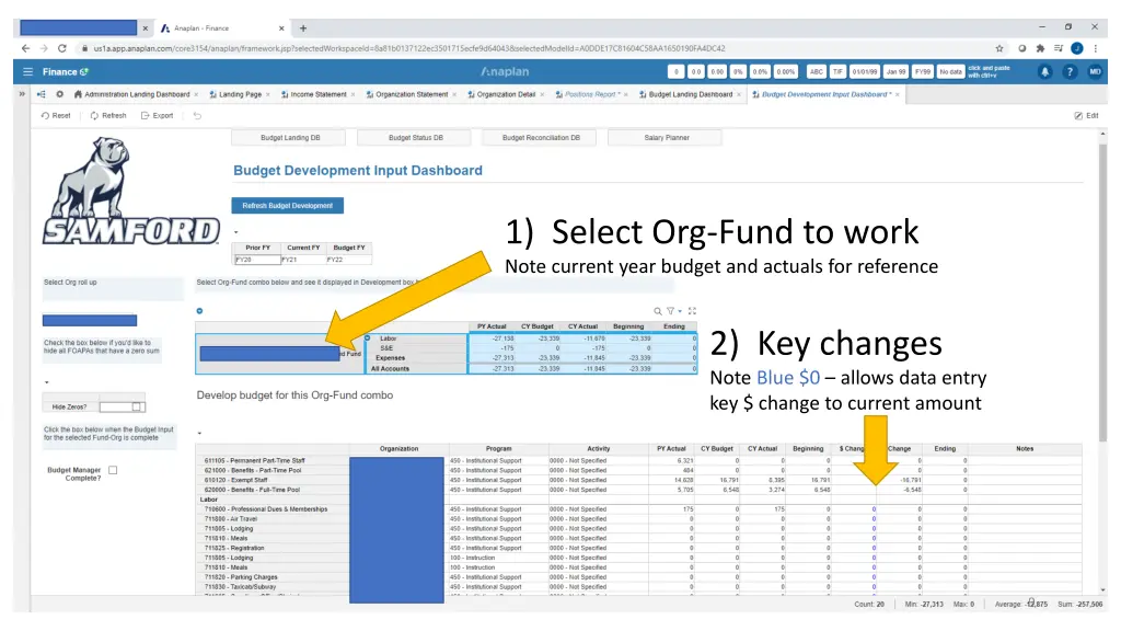 1 select org fund to work note current year