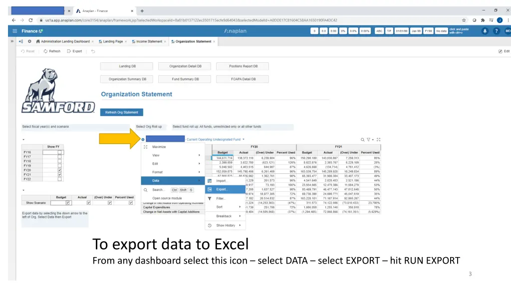 to export data to excel from any dashboard select