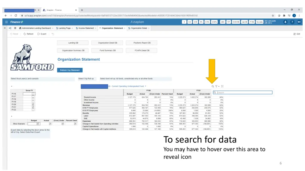 to search for data you may have to hover over