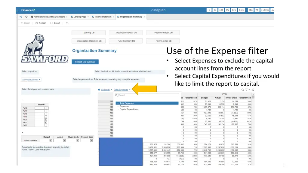 use of the expense filter select expenses