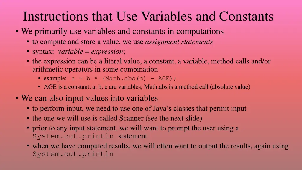 instructions that use variables and constants