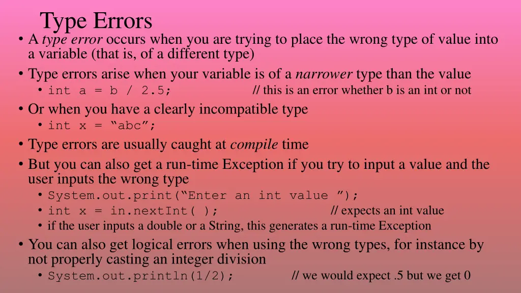 type errors a type error occurs when