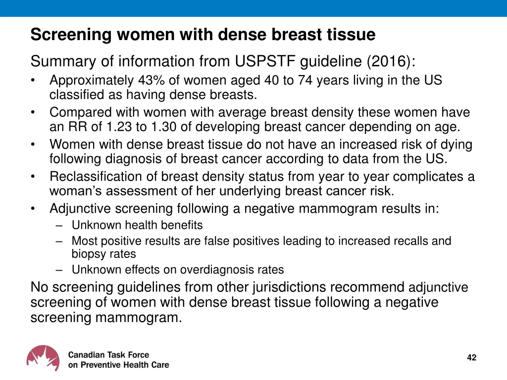 screening women with dense breast tissue summary