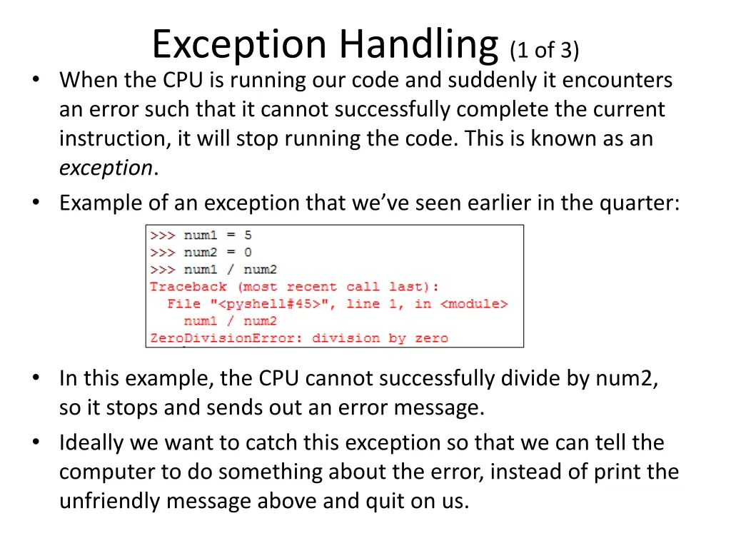 exception handling 1 of 3 when the cpu is running