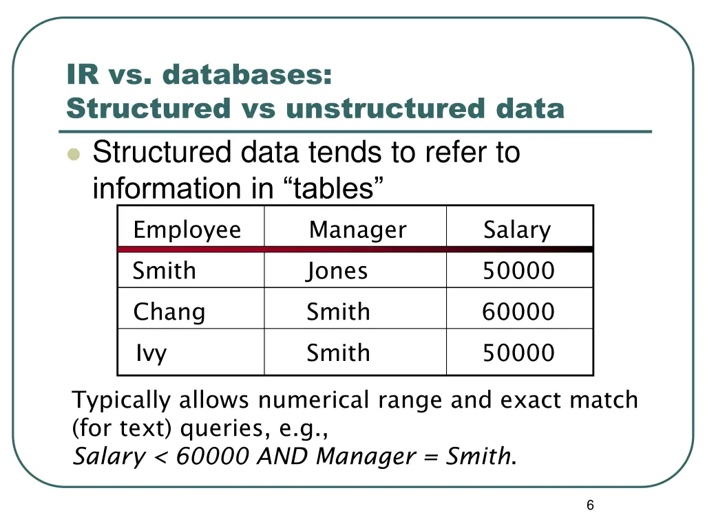 ir vs databases structured vs unstructured data