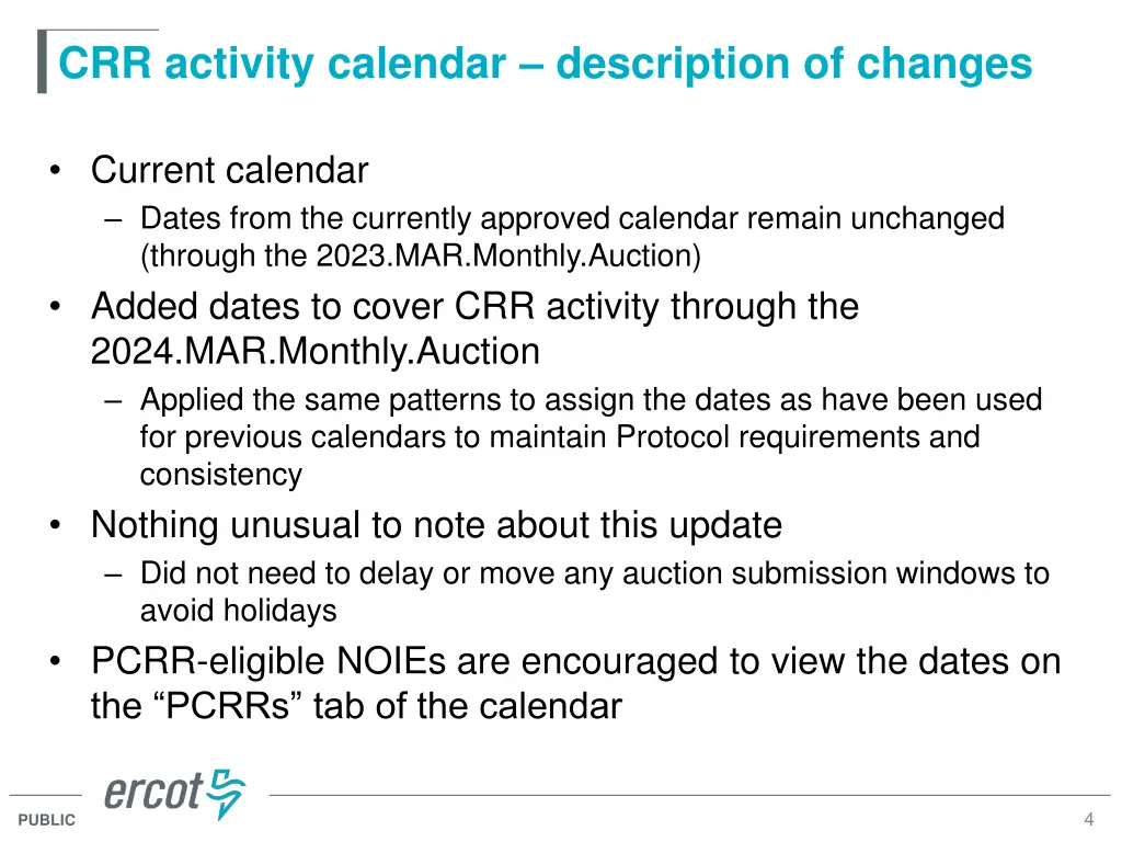 crr activity calendar description of changes