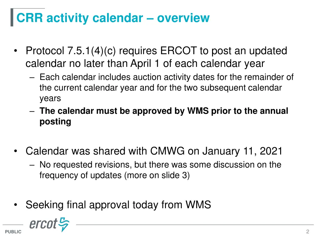 crr activity calendar overview